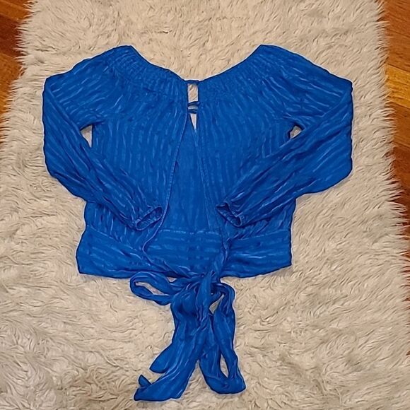 BCBGGeneration womens silk blue long sleeve sheer‎ open back tie black shirt - Picture 5 of 7